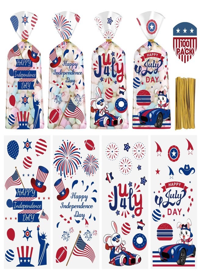 Litmitfu 100 Pcs 4th of July Treat Bags - Happy Patriotic Day Plastic Cellophane Bag, Clear Fourth of July Gift Goodie Candy Favor Bags with Gold Twist Ties for Independence Day Party Favors Supplies - Image 1